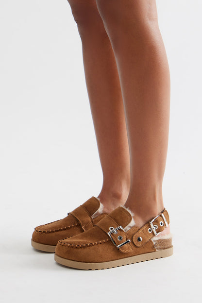 Brock Faux Fur Lined Buckle Slides - Camel