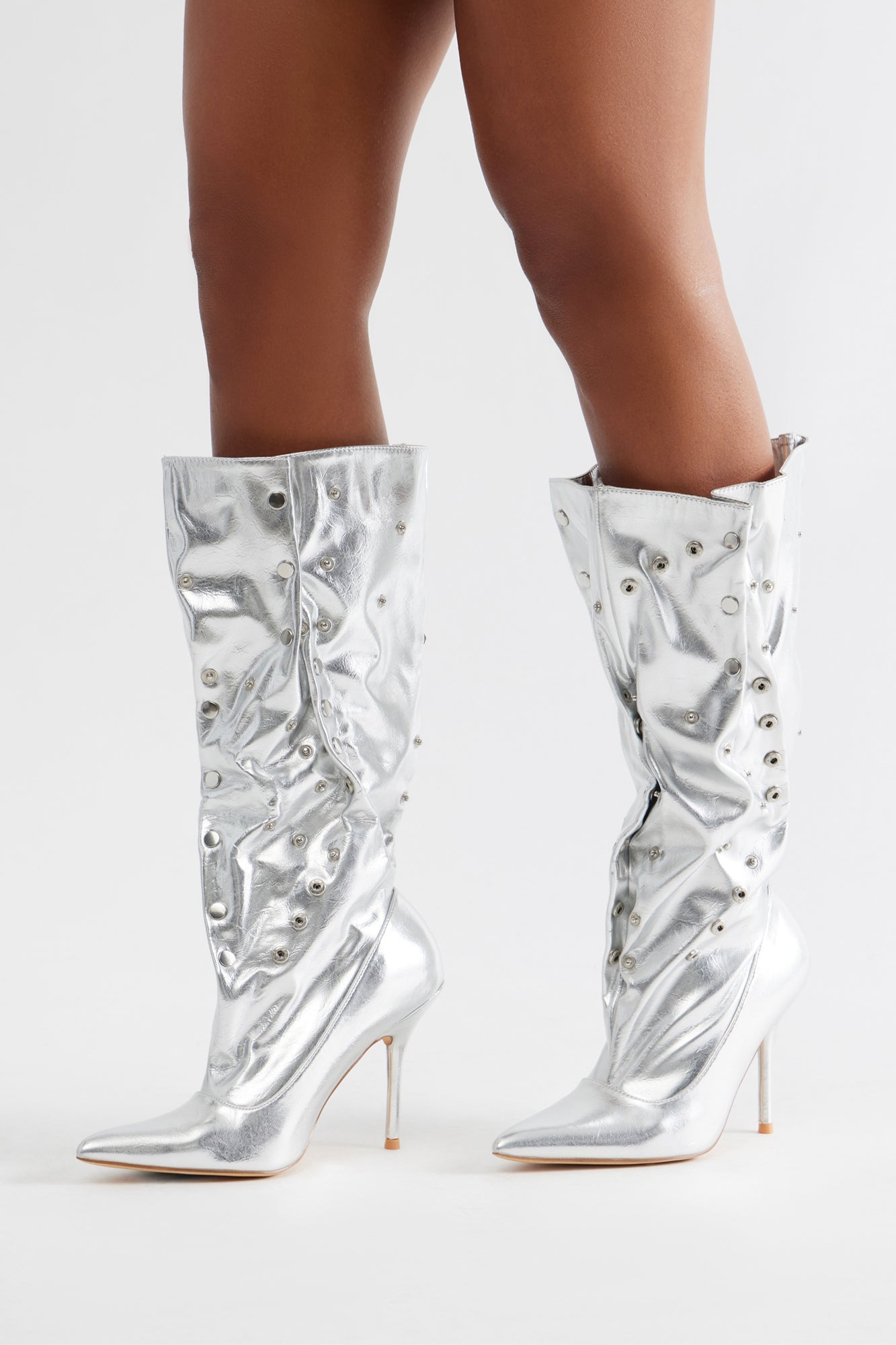 Trigger Grommet Stiletto Boots - Silver