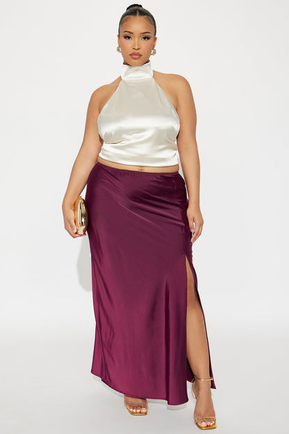 Love At Midnight Satin Front Slit Maxi Skirt - Wine