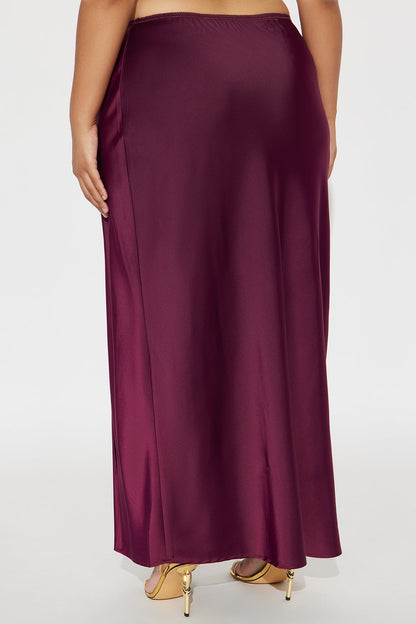 Love At Midnight Satin Front Slit Maxi Skirt - Wine