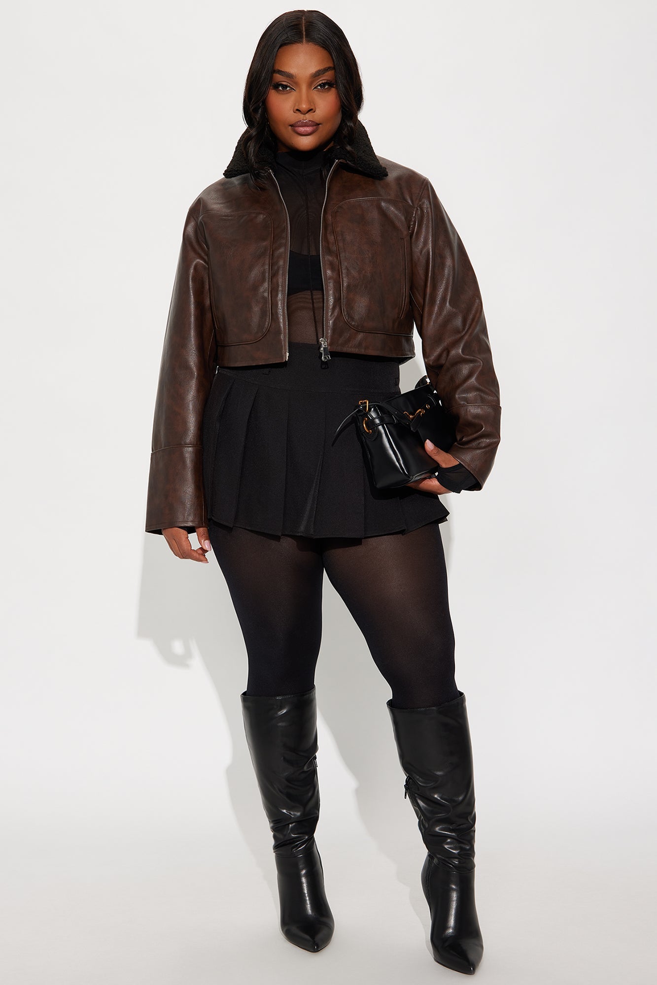 Fly High Faux Leather Cropped Jacket - Brown