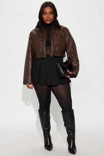 Fly High Faux Leather Cropped Jacket - Brown