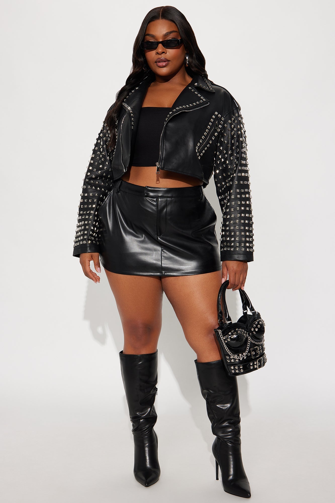 On Tour Studded Faux Leather Moto Jacket - Black