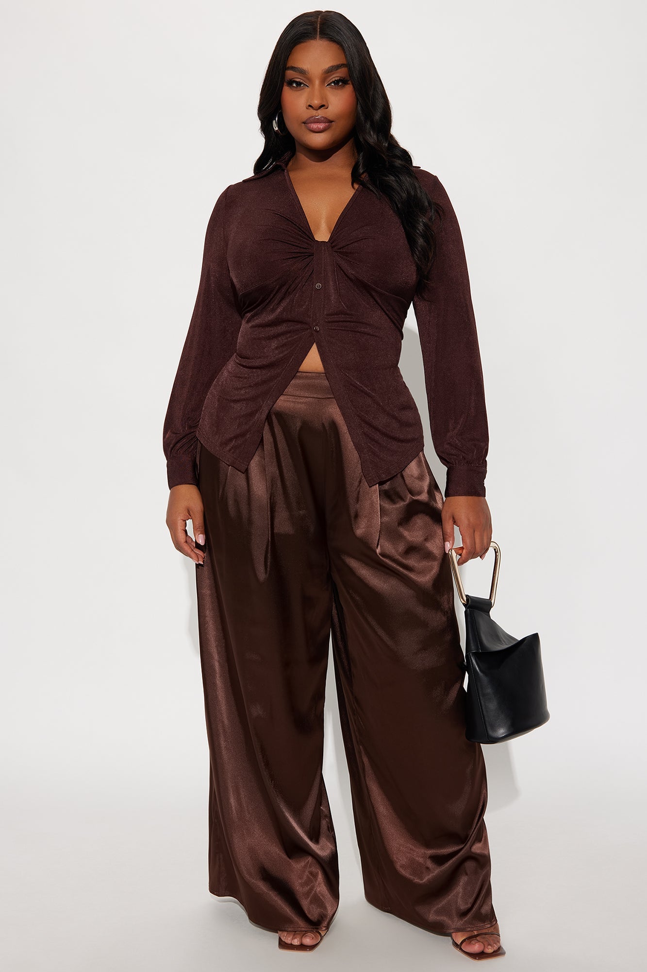 First Class Wide Leg Satin Pant 32″ - Chocolate