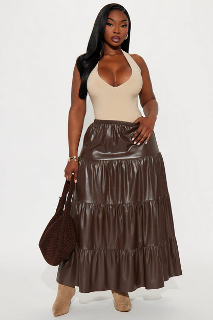 Demi Faux Leather Tiered Maxi Skirt - Chocolate