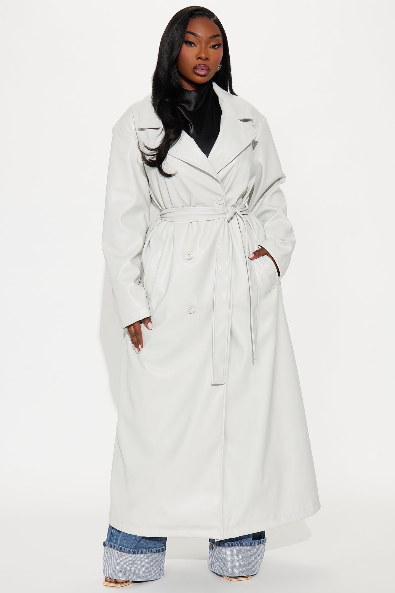 Sidewalk Strut Faux Leather Trench Coat - Light Grey