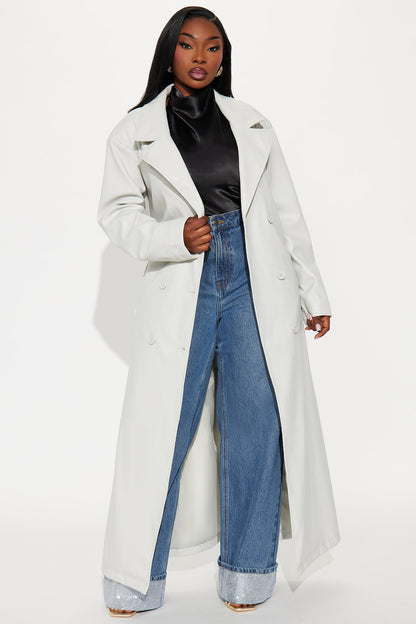 Sidewalk Strut Faux Leather Trench Coat - Light Grey
