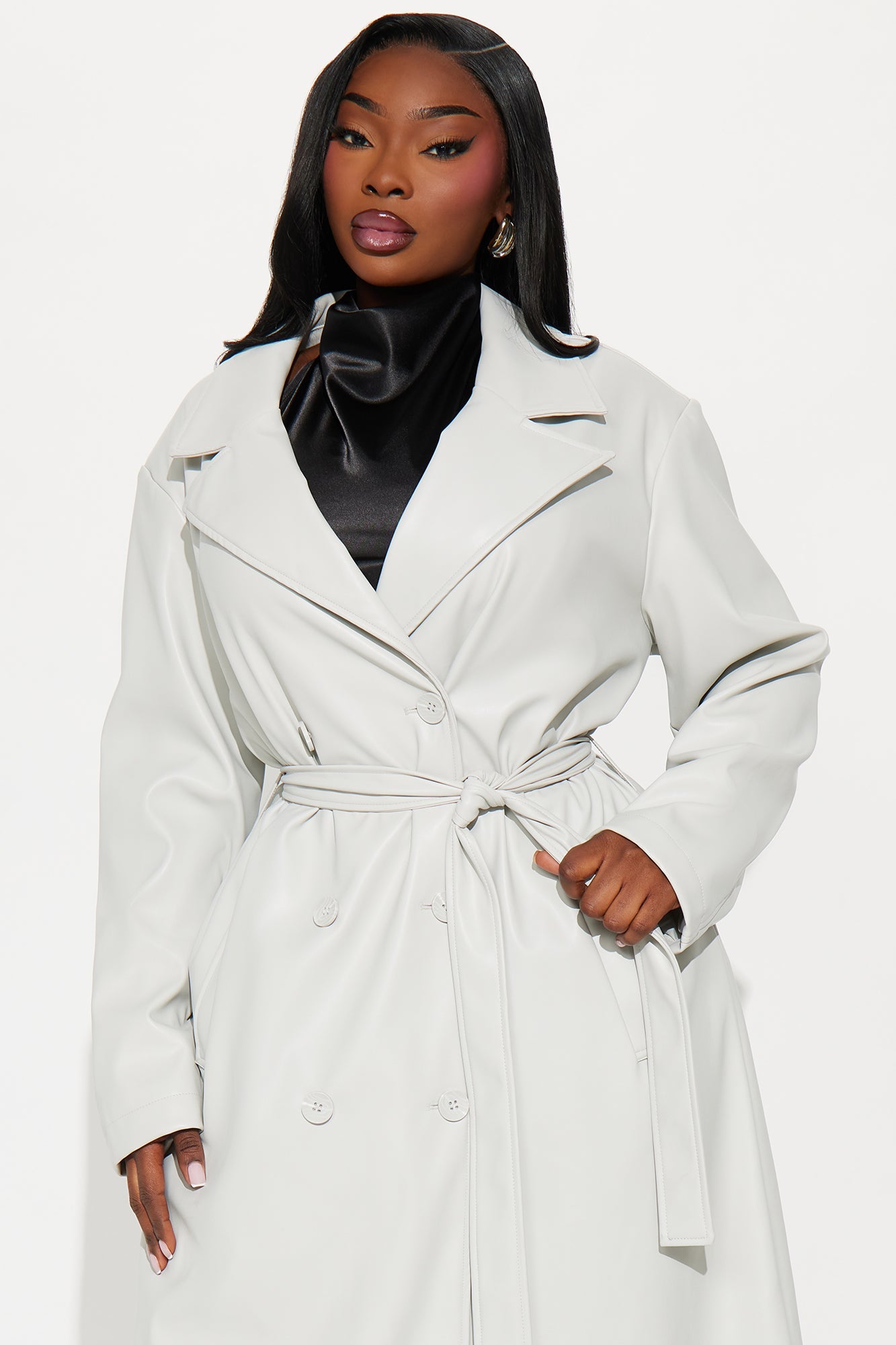 Sidewalk Strut Faux Leather Trench Coat - Light Grey
