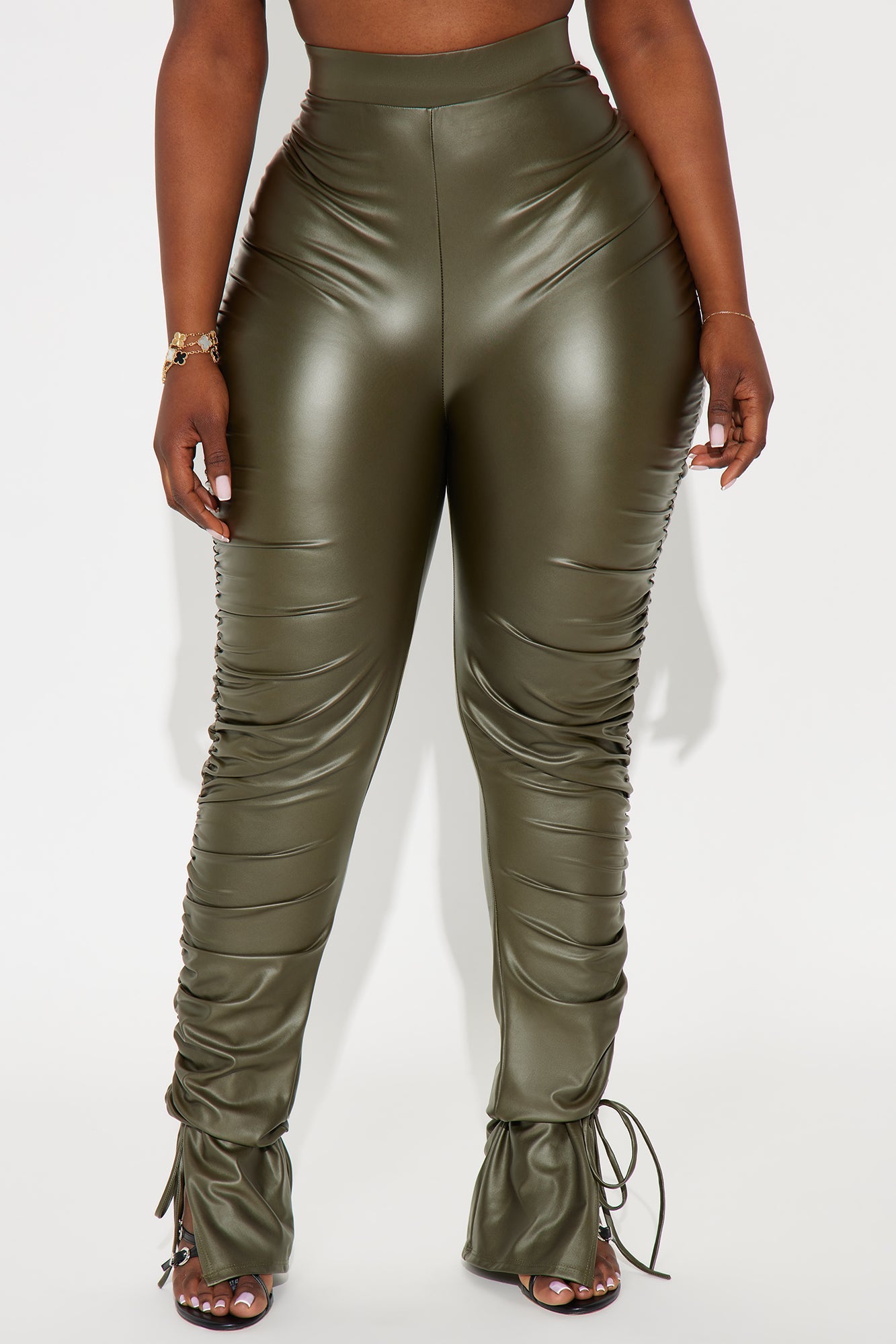 Heat Wave Faux Leather Stacked Pants - Olive