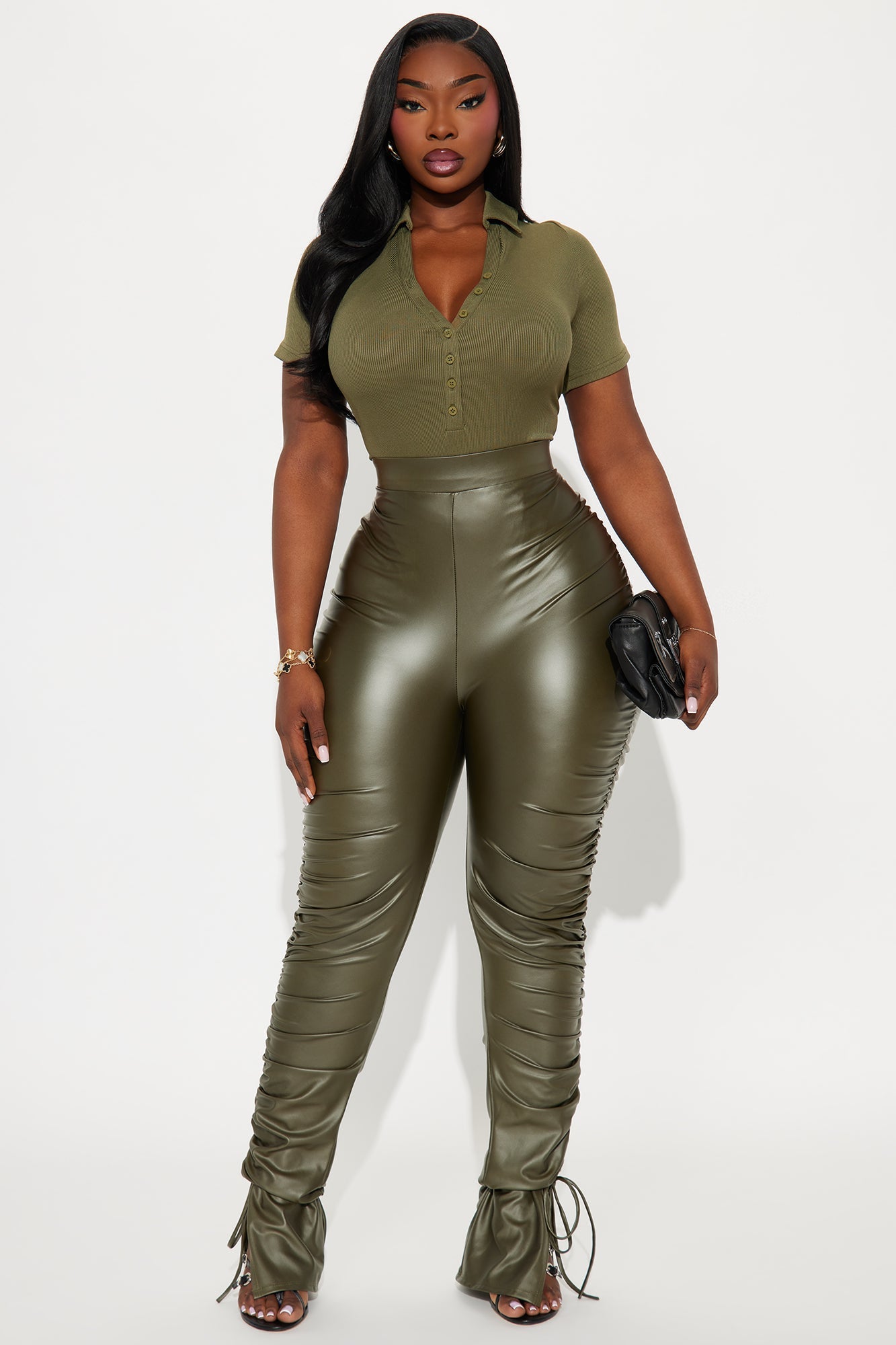 Heat Wave Faux Leather Stacked Pants - Olive