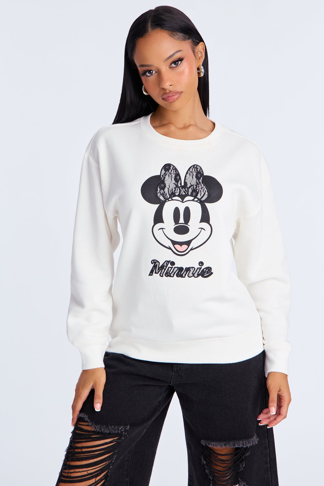 Minnie Mouse Lace Fleece Crew Neck Sweatshirt - Cream
