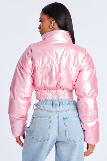 Outshine The Rest Patent Faux Leather Puffer Jacket - Pink