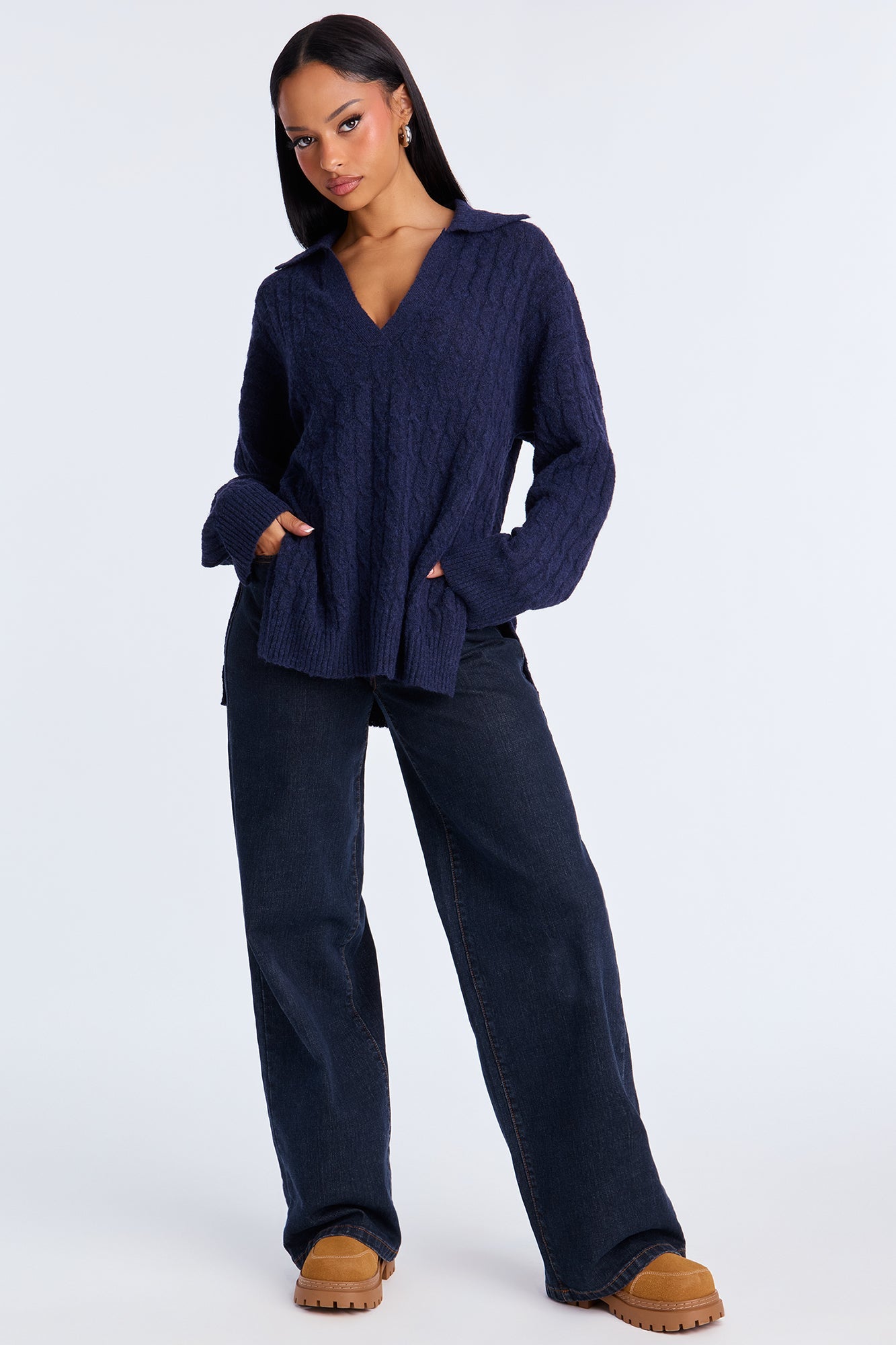 Mylie Cable Knit Polo Sweater - Navy