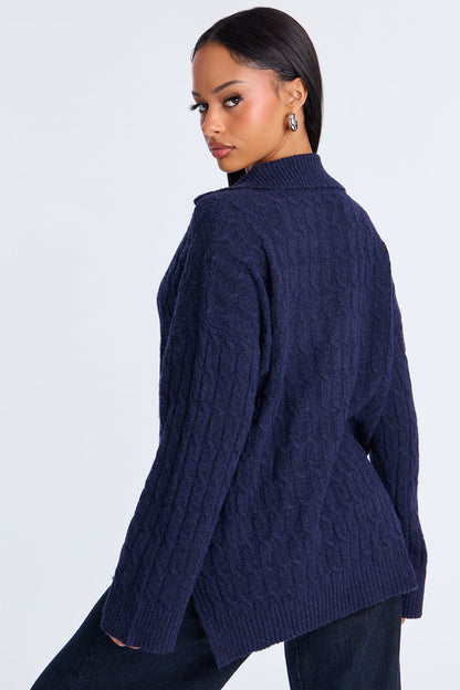Mylie Cable Knit Polo Sweater - Navy