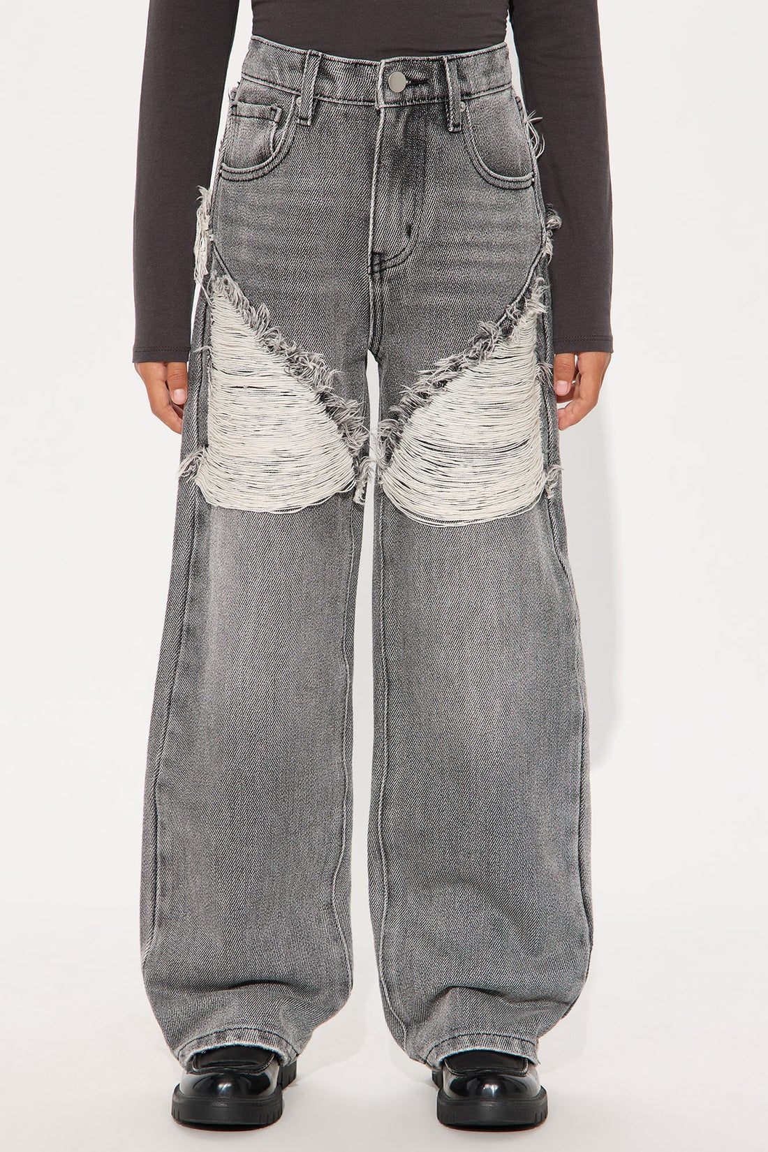 Mini Tear It Up Loose Ripped Wide Leg Jeans - Grey