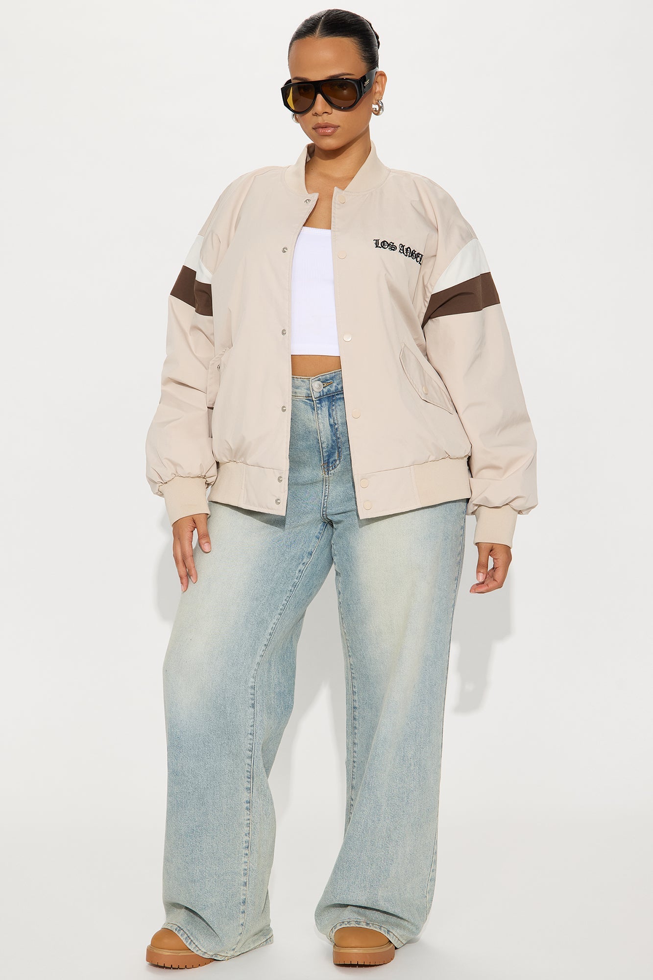 Los Angeles Raised Nylon Bomber Jacket - Beige