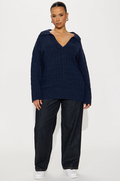 Mylie Cable Knit Polo Sweater - Navy