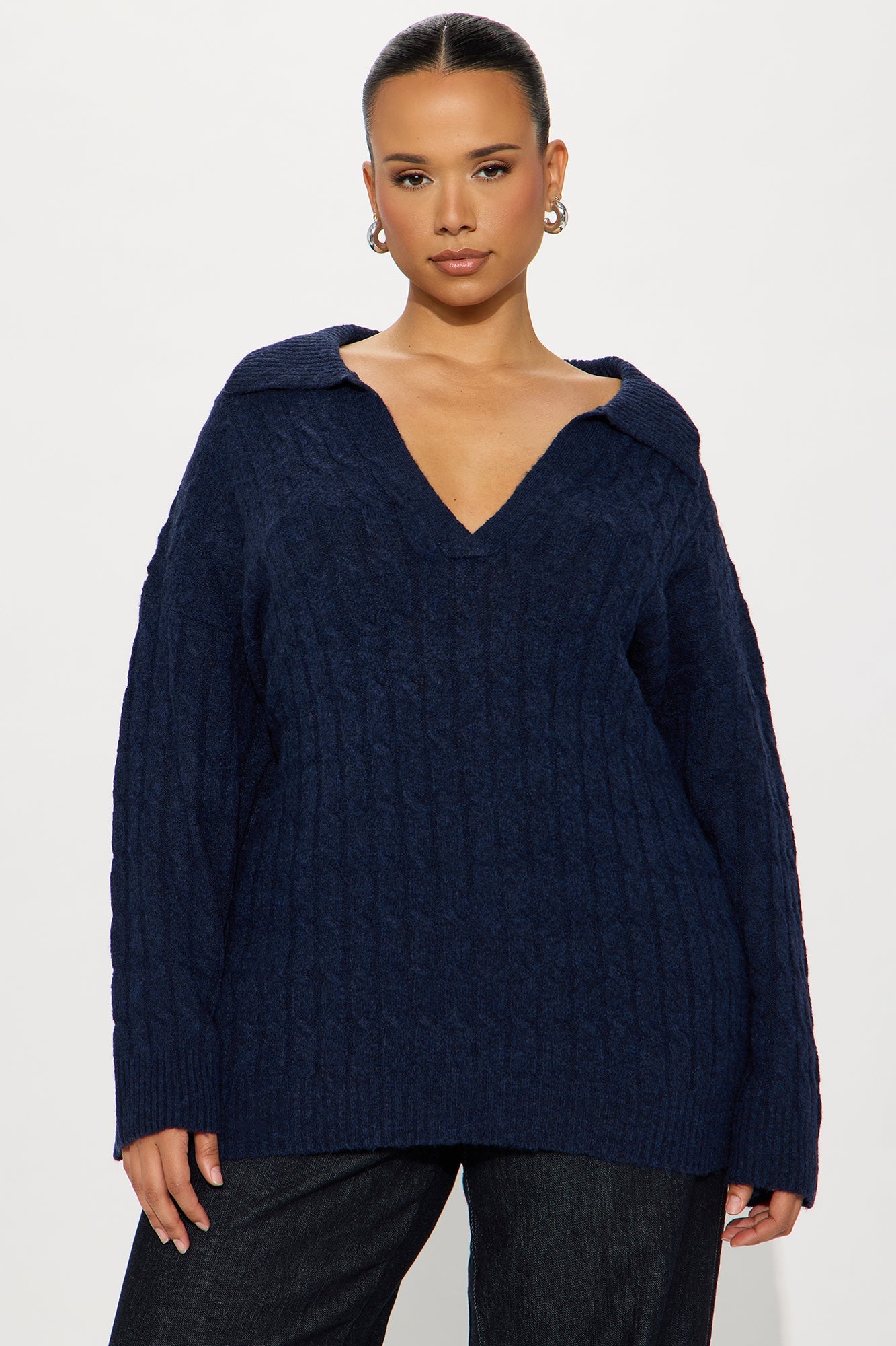 Mylie Cable Knit Polo Sweater - Navy
