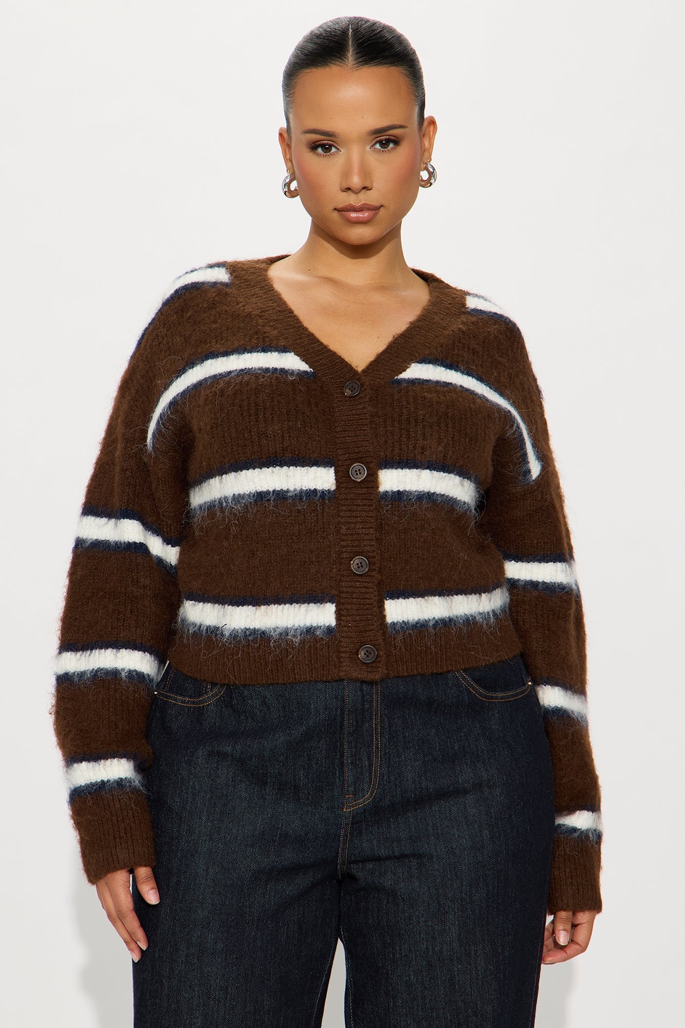 Gate Keeper Striped Fuzzy Cardigan - Brown/combo