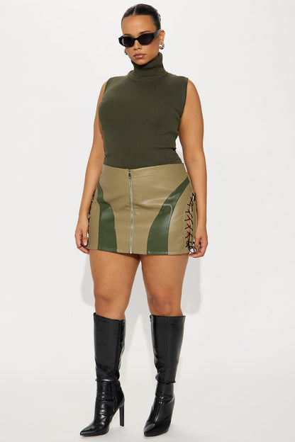 Hot Take Faux Leather Lace Up Mini Skirt - Olive/combo