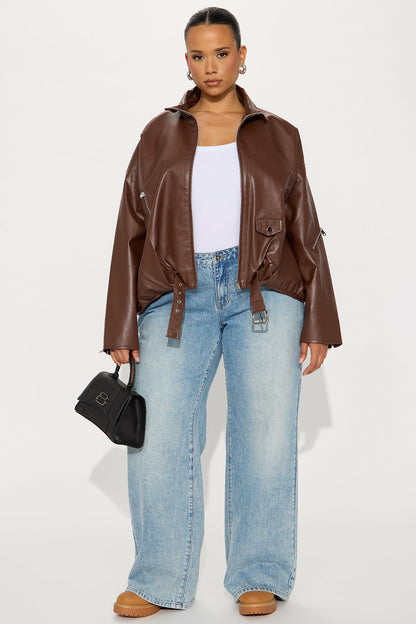 Skyline Belted Faux Leather Moto Jacket - Brown