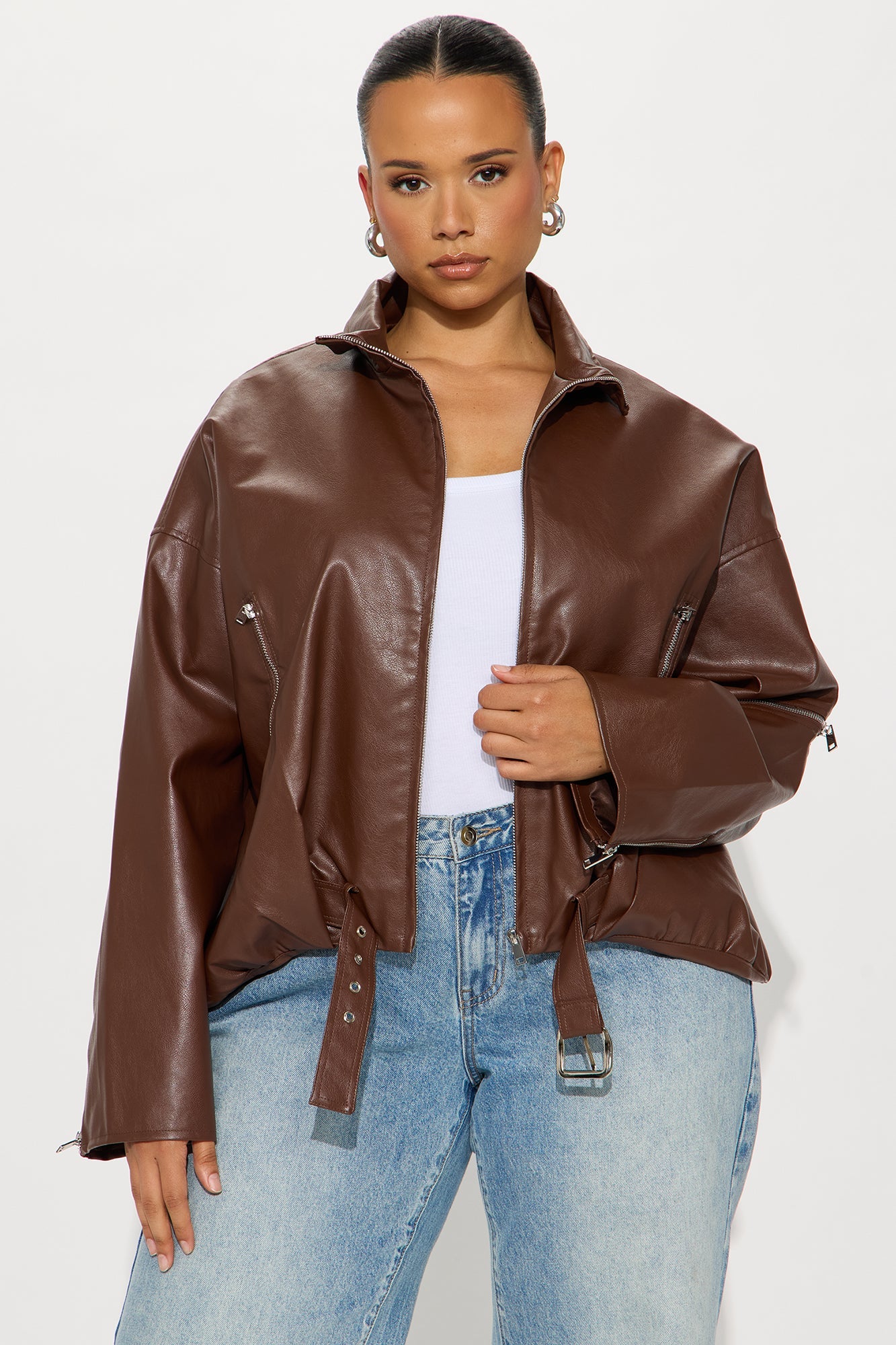 Skyline Belted Faux Leather Moto Jacket - Brown
