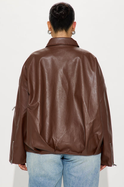 Skyline Belted Faux Leather Moto Jacket - Brown