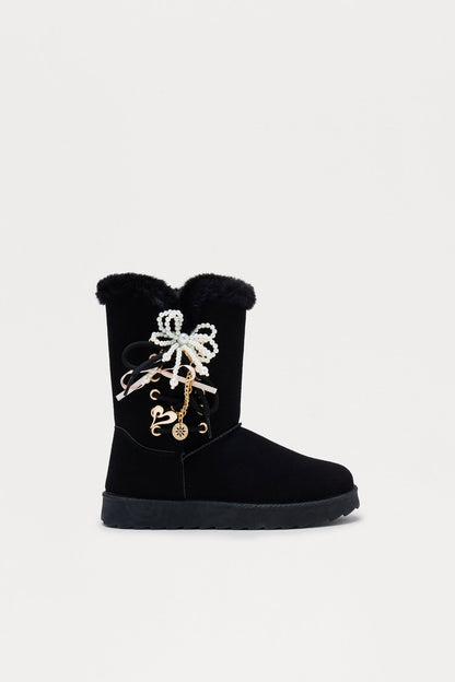 Yasmia Embellished Fur Trim Booties - Black