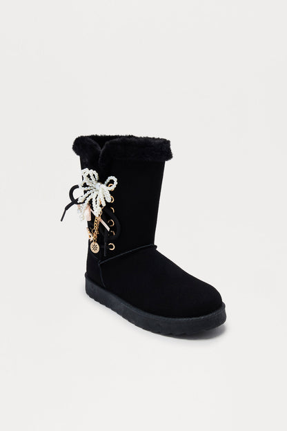 Yasmia Embellished Fur Trim Booties - Black