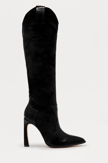 Gallop Faux Suede Heeled Cowboy Boots - Black