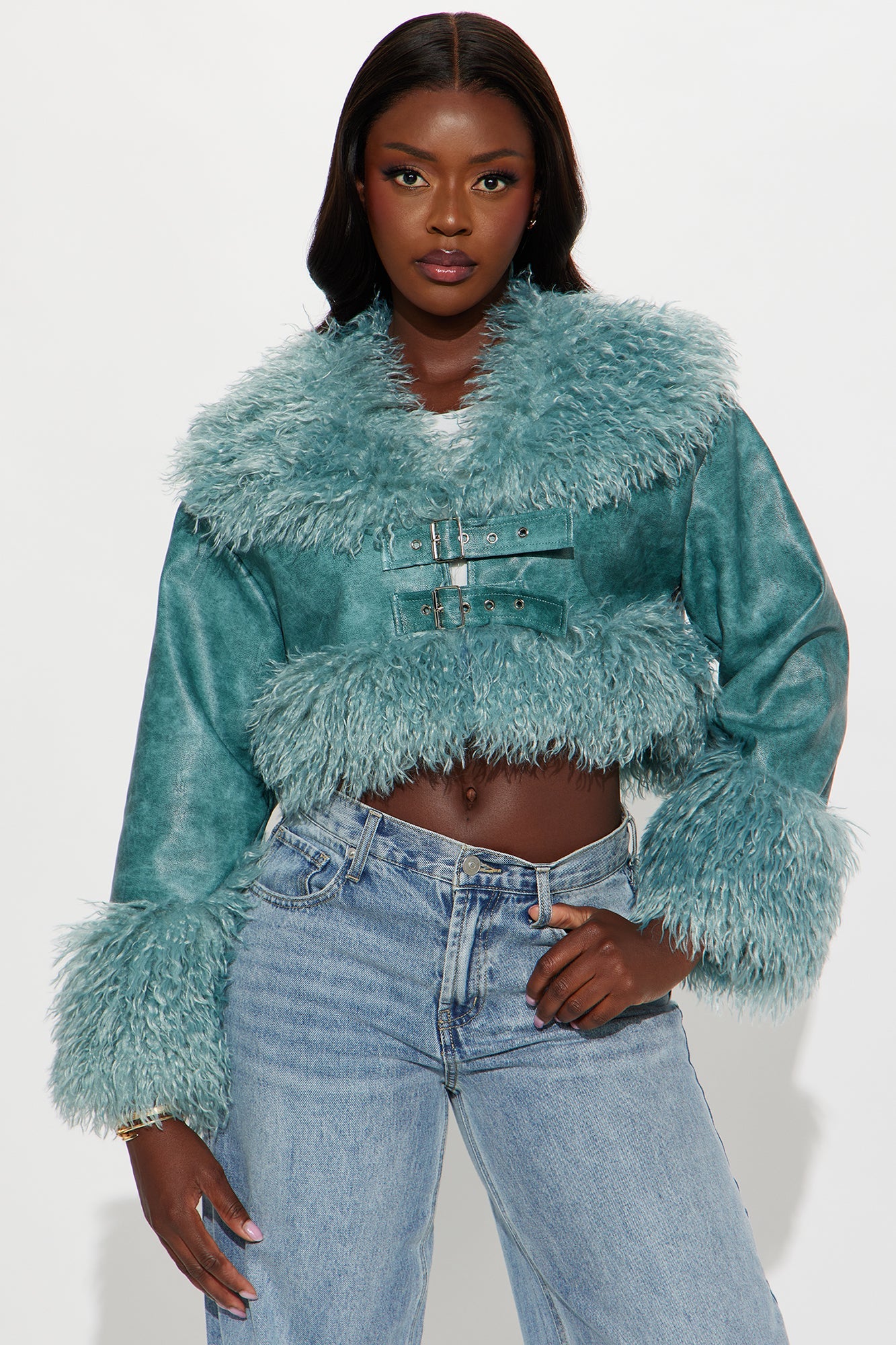 First Frost Faux Leather Coat - Teal