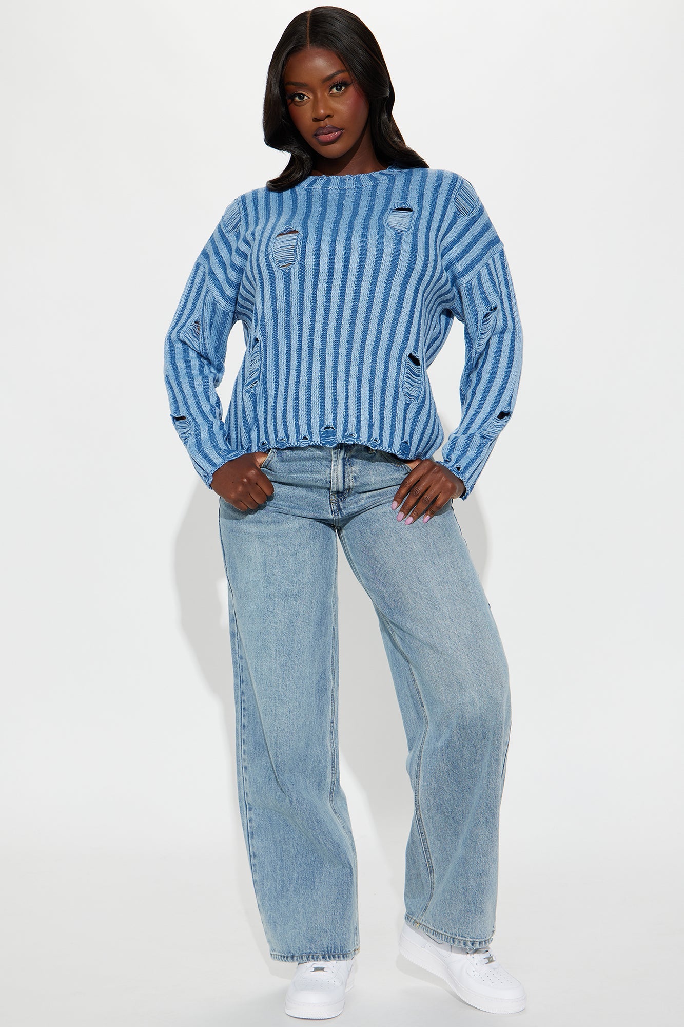 In A Mood Distressed Sweater - Blue