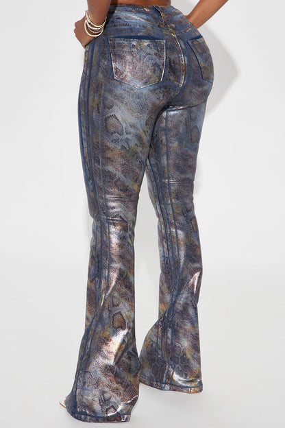 Sneaky Games Animal Print Foil Flare Jeans - Dark Wash