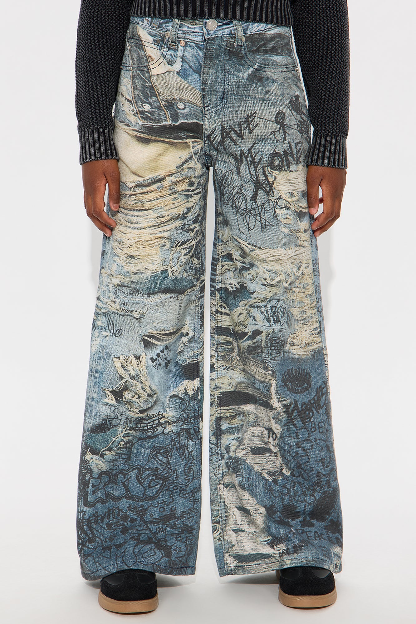 Mini Work Of Art Printed Wide Leg Jeans - Indigo