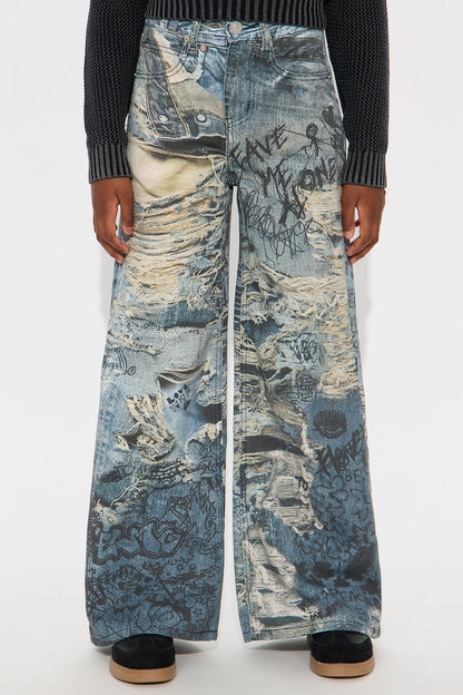 Mini Work Of Art Printed Wide Leg Jeans - Indigo