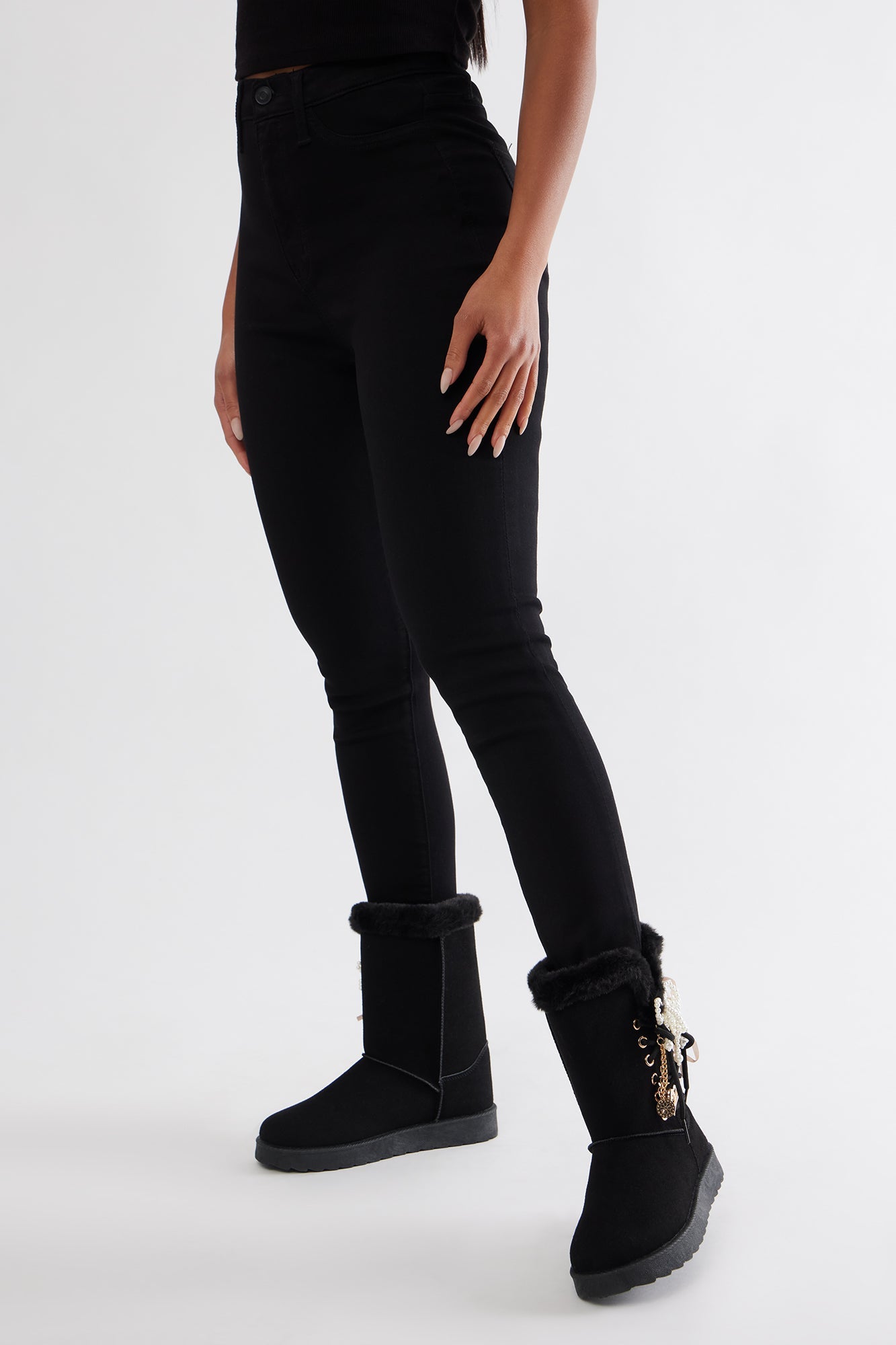 Yasmia Embellished Fur Trim Booties - Black
