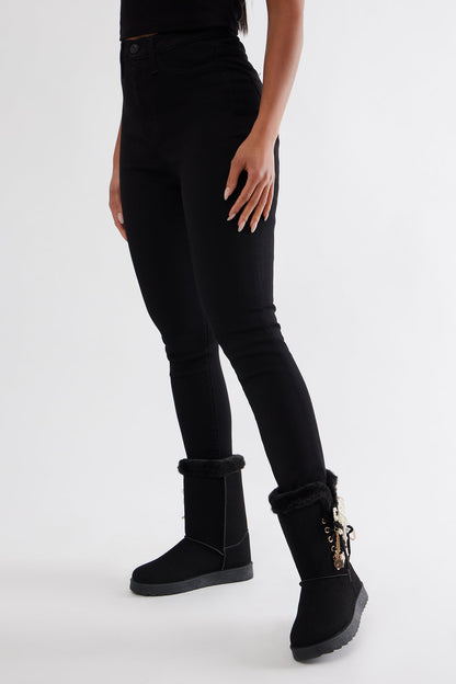 Yasmia Embellished Fur Trim Booties - Black