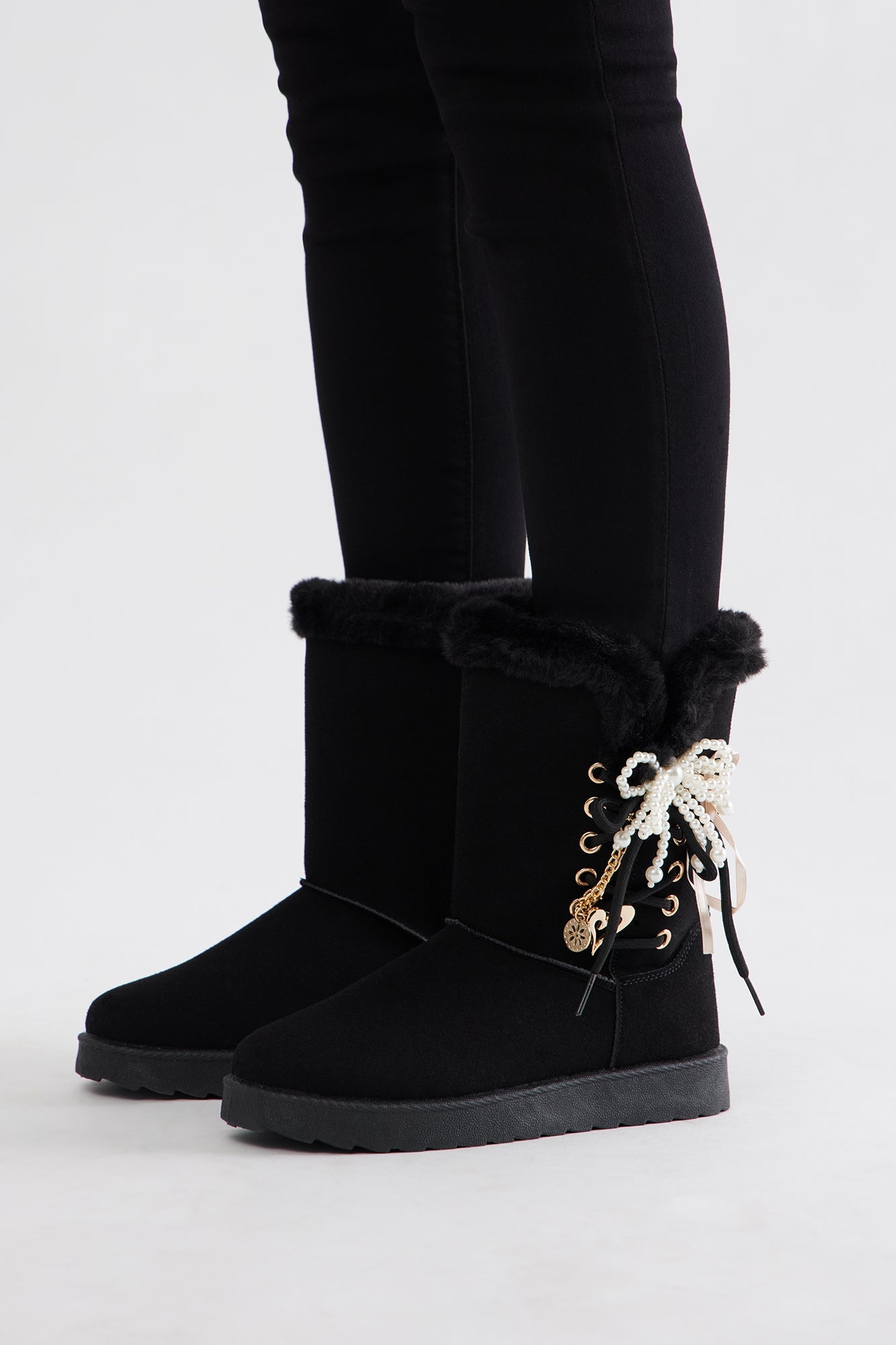 Yasmia Embellished Fur Trim Booties - Black