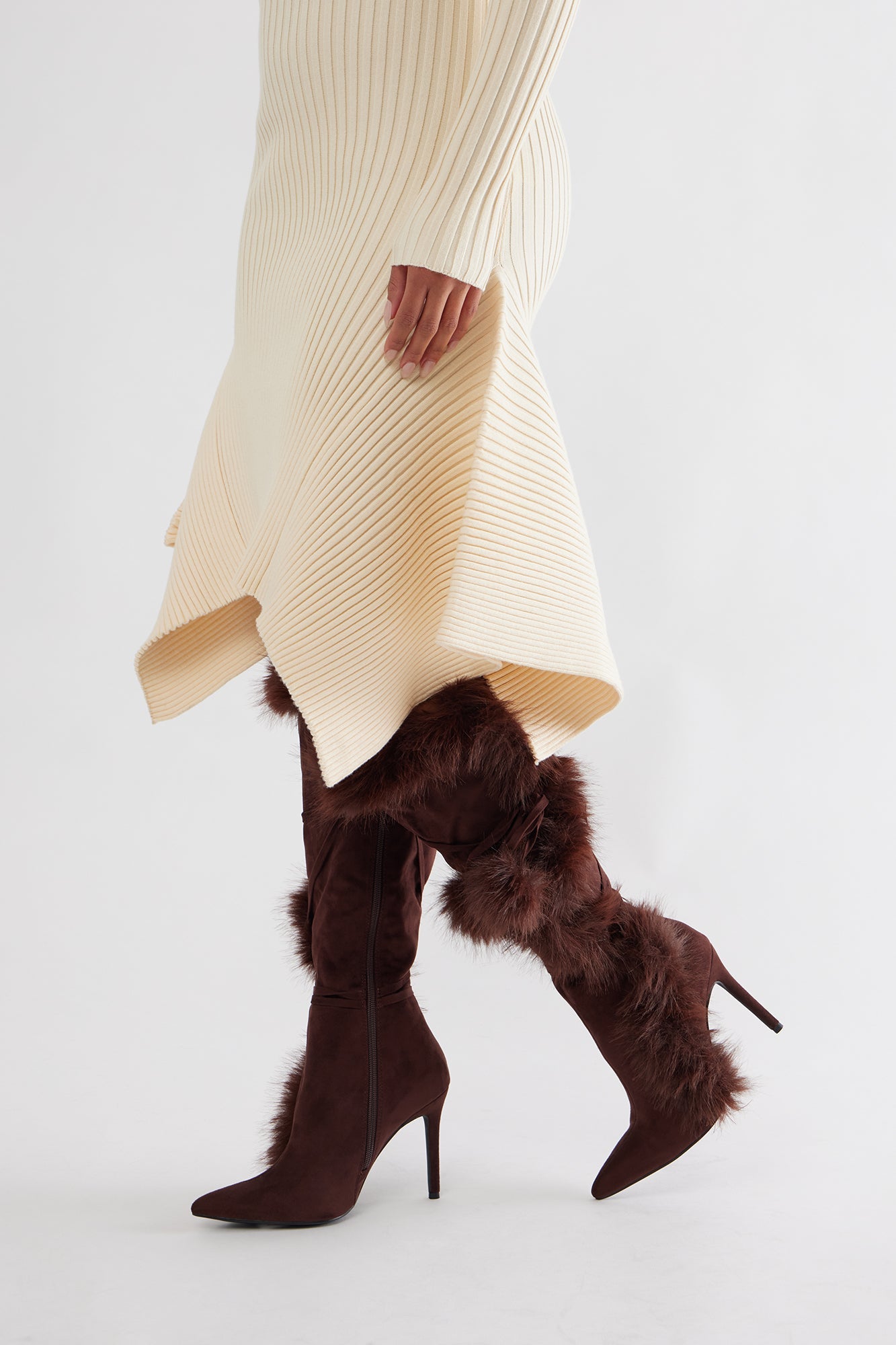 Signature Fur Trim Knee High Boots - Brown