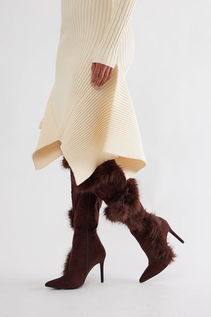 Signature Fur Trim Knee High Boots - Brown