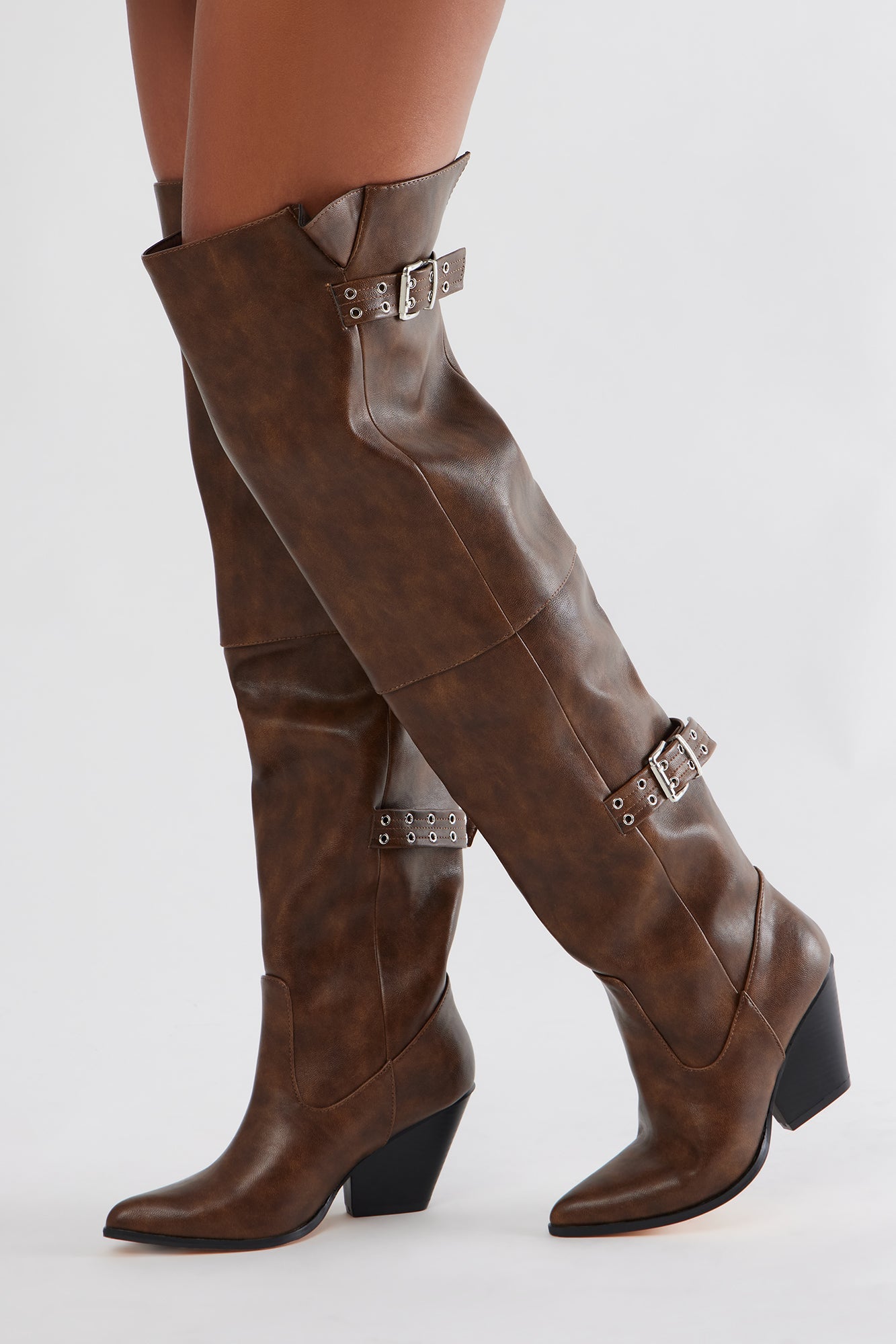 Sacha Buckle Thigh High Boots - Brown
