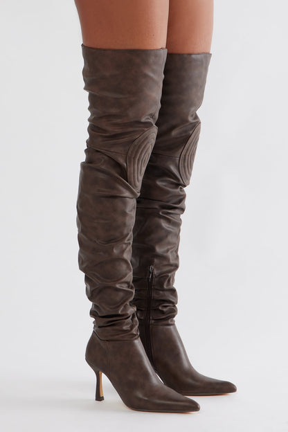 Komodo Ruched Thigh High Boots - Brown