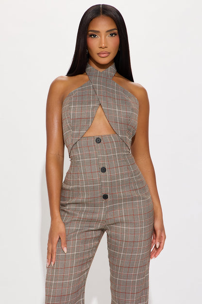 Boss Behavior Halter Straight Leg Jumpsuit - Brown/combo