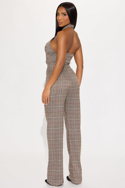 Boss Behavior Halter Straight Leg Jumpsuit - Brown/combo