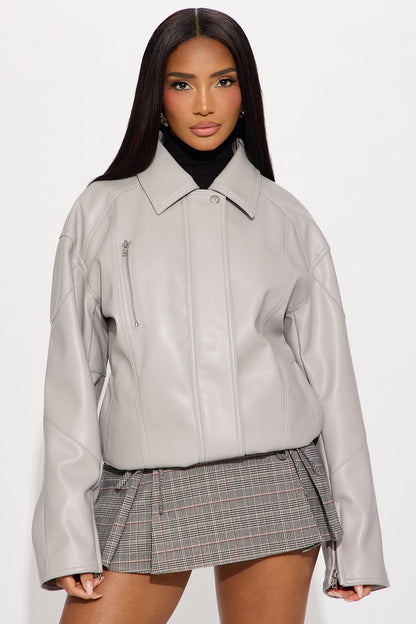 More To Come Faux Leather Bomber Jacket - Light Grey