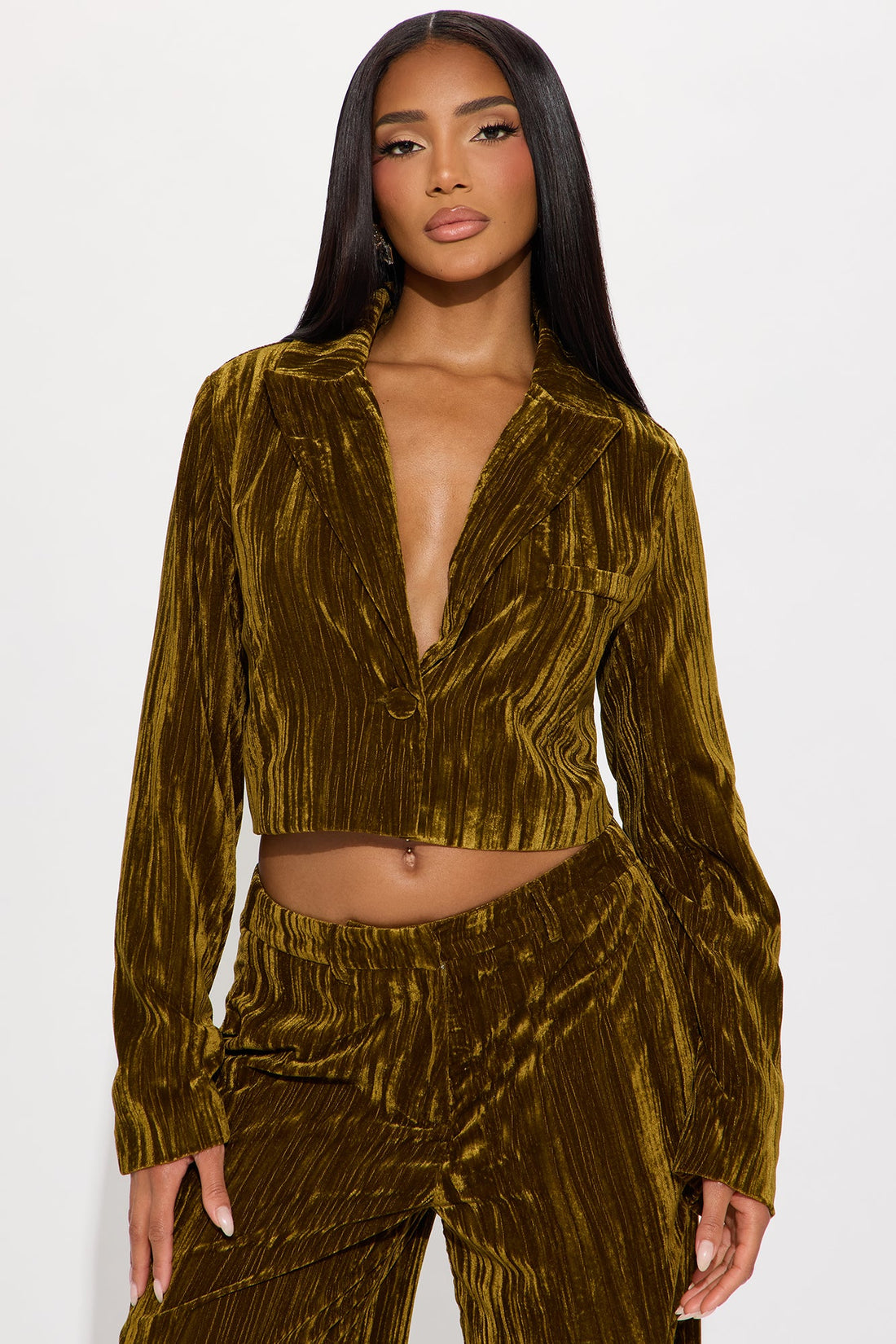 Keep You Wondering Cropped Velvet Blazer - Olive