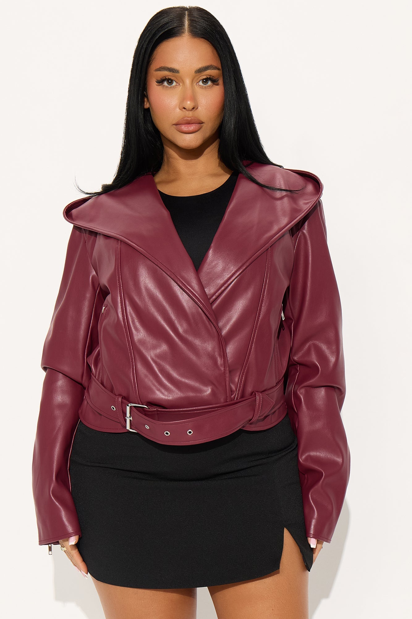 Rebel Hooded Faux Leather Moto Jacket - Burgundy