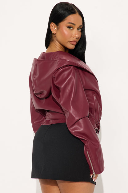 Rebel Hooded Faux Leather Moto Jacket - Burgundy