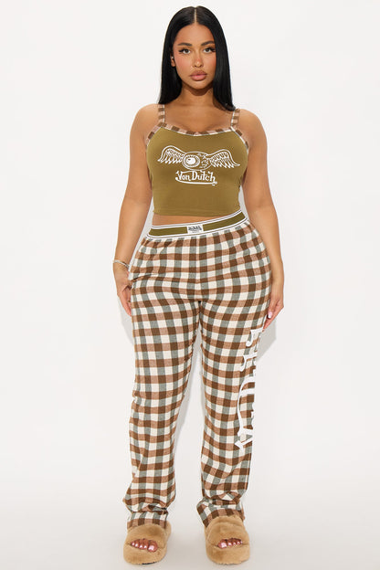 Von Dutch Cami PJ Flannel Boxer Pant Set - Olive/combo