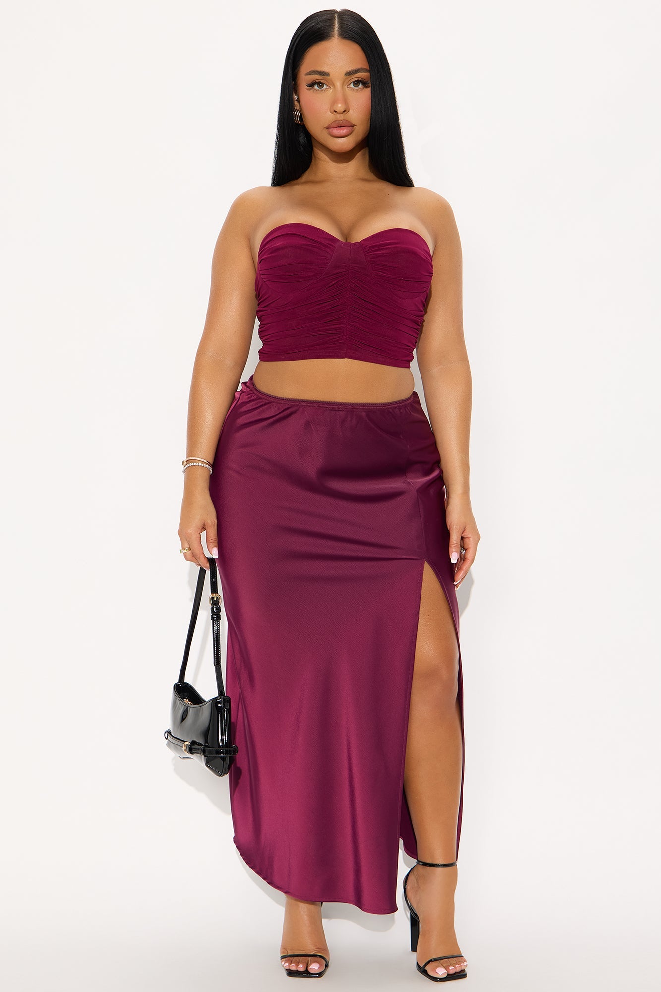 Love At Midnight Satin Front Slit Maxi Skirt - Wine